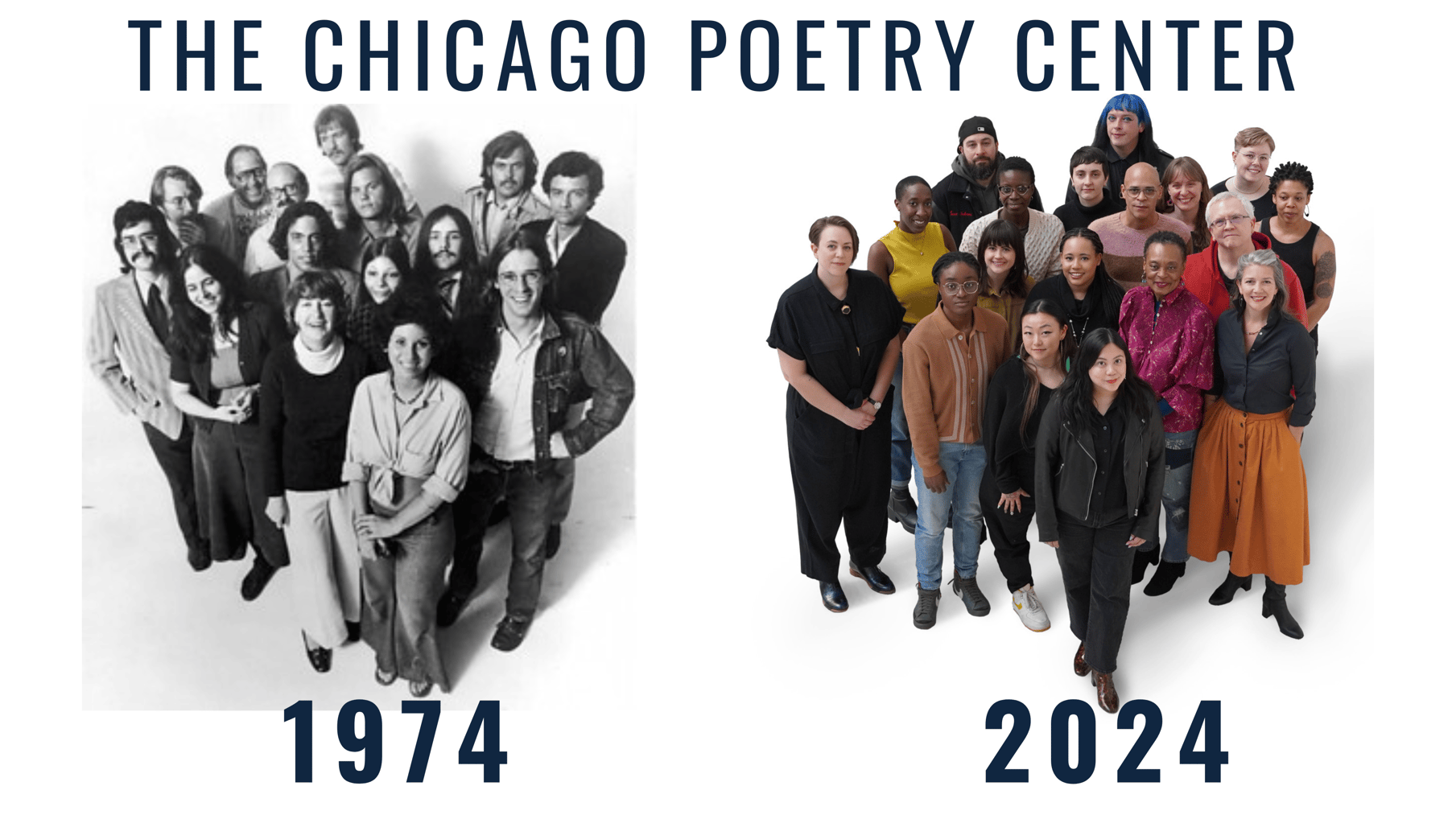 Two group photos side-by-side labeled 'The Chicago Poetry Center.' The left photo, labeled '1974,' shows CPC’s founding members posed in black and white. The right photo, labeled '2024,' shows CPC’s recent staff posed in color.