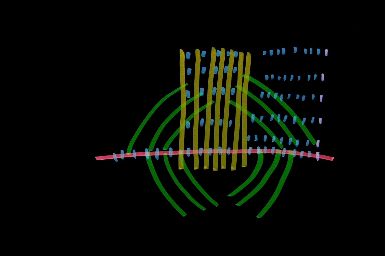 An abstract grid with yellow vertical lines and a block of blue dots crossing a red horizon line and green nested circles.
