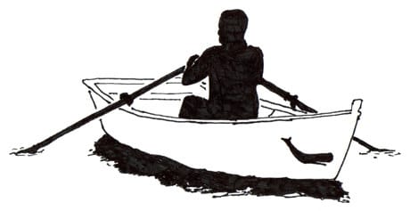 Drawing by Paul Killebrew of a silhouette figure rowing a boat.