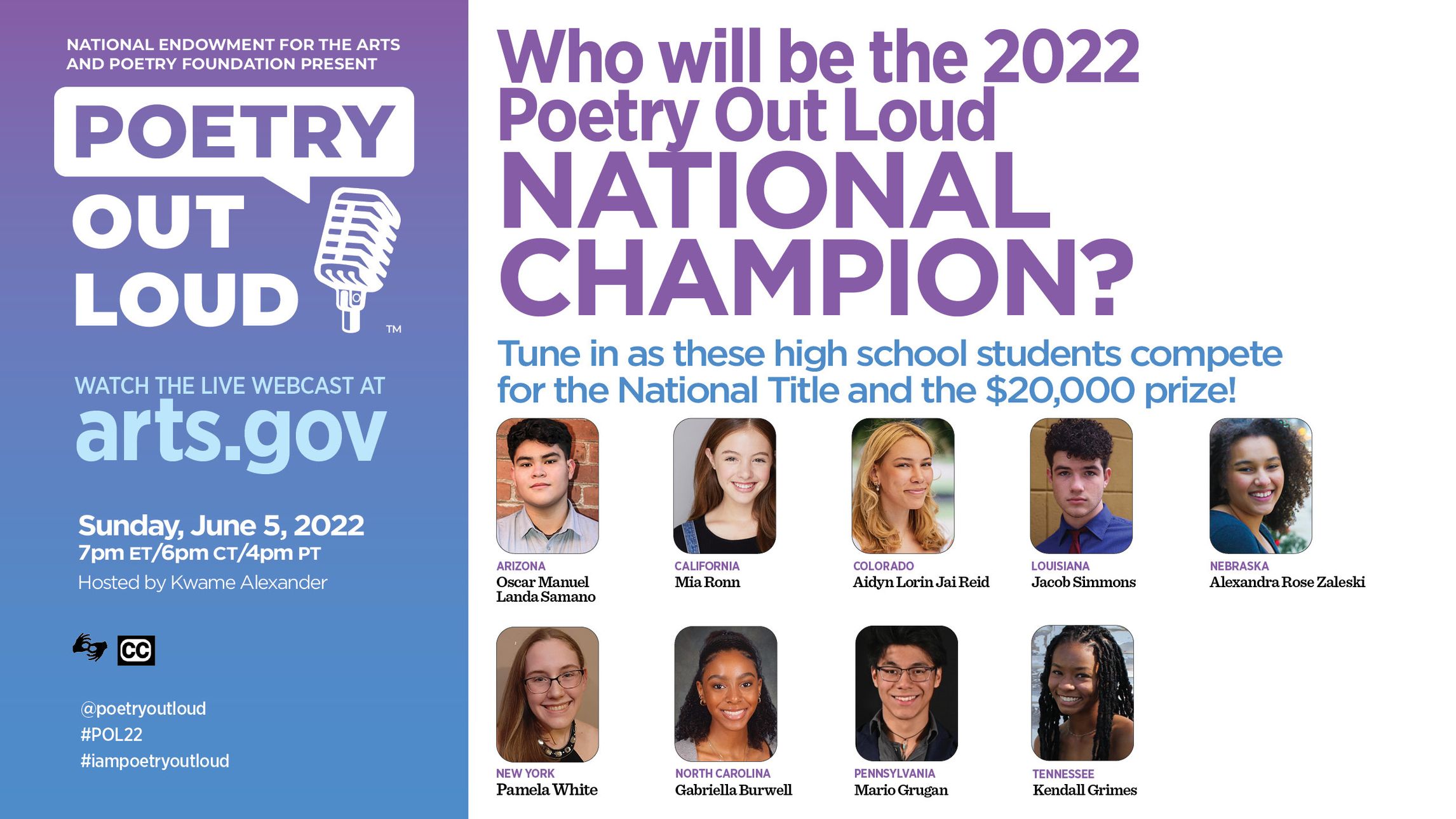 A gradient of purple to blue on the left with a white Poetry Out Loud logo ('Poetry' in a speech bubble coming from a microphone; 'Out Loud' below in block letters).  Text below the logo reads: Watch the live webcast at Arts.gov. Sunday, June 5, 2022. 7 P