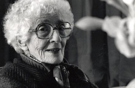 Black and white headshot of poet May Sarton
