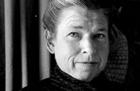 Cropped black and white portrait of Josephine Miles, wearing a scarf.