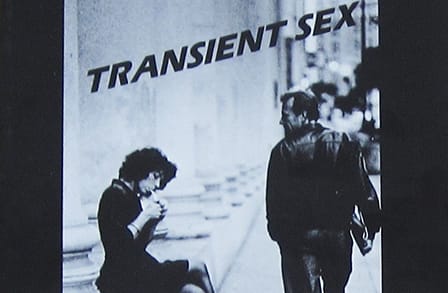 Image of a woman smoking and a man looking back at her as he passes; the cover of Brent Reiten's book, Transient Sex