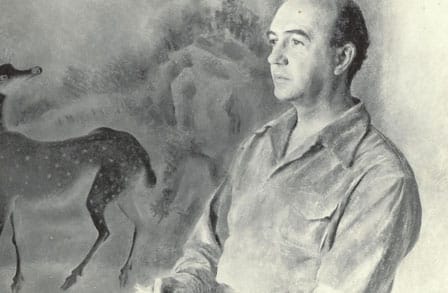 Black and white headshot of poet Witter Bynner in front of a painting of a deer.