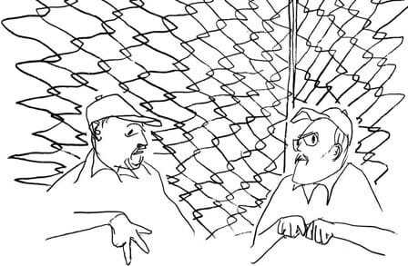 Illustration of two men wearing baseball hats and talking in front of a chainlink fence