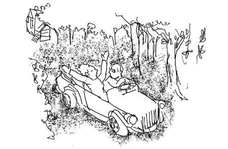 Illustration of a couple driving through the country