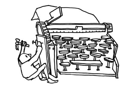 Illustration of a person building a typewriter as if it were a shed