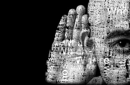 Digital illustration of a person holding a hand to ear, with a body made up of words.