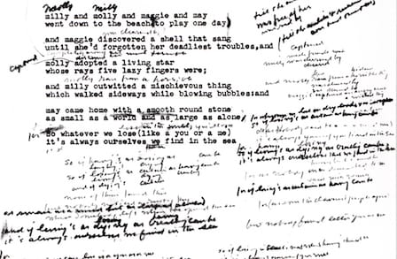 Image of a typewritten draft of a poem by e.e. cummings, with handwritten revisions.