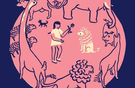 Illustration of a variety of animals in pink, along the circumference of a circle with a girl and a lion in the center