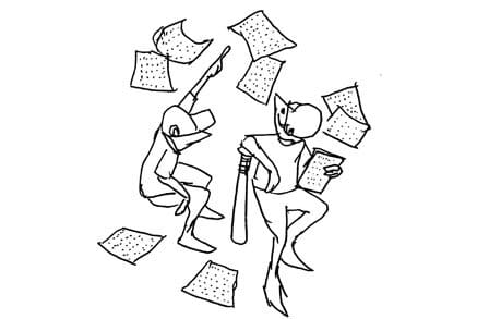 Illustration of two people with sheets thrown around them