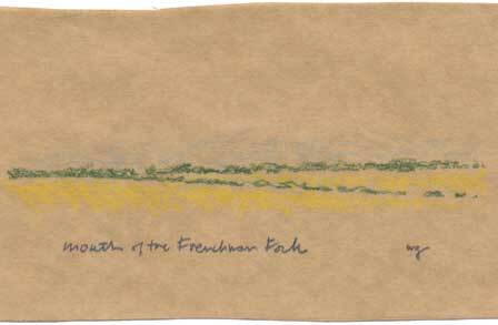 Drawing with colored pencils of a simple landscape with the words, "Mouth of the Frenchman Fork"