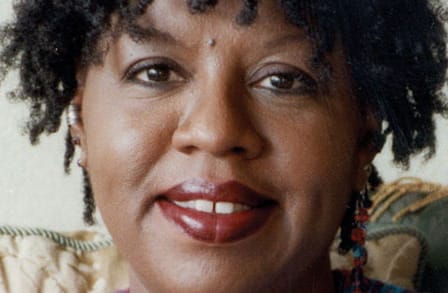 Close-up color photograph of poet Nikki Grimes