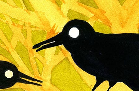 Image of Richard Silken's painting, "Unfinishable", two black birds and a yellow and green background