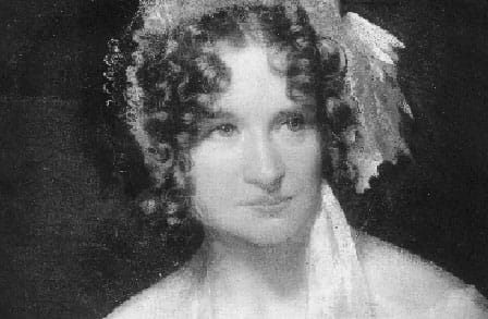 Black and white headshot of writer Sarah Helen Whitman wearing a bonnet hat.