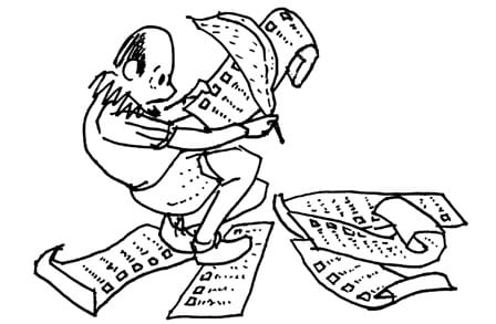 Illustration of a man reading scrolls