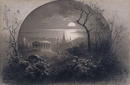 Greyscale illustration of a Greenwood Cemetery, Brooklyn.
