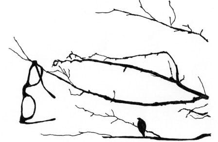 Black and white illustration of glasses on a tree branch with blackbird