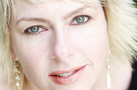 Cropped color photograph of Rhoda Janzen's face
