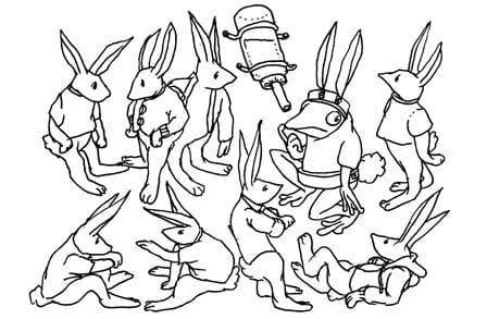Illustration of eight rabbits and one frog with rabbit ears on