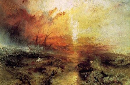 Painting of a slave ship in a fiery storm.