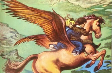 Cover of <em>The Magician's Nephew</em> by C.S. Lewis, two children on Pegasus