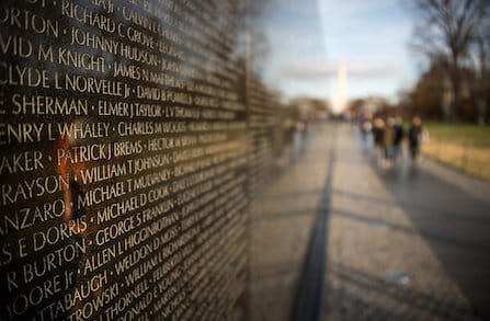 Close-up image of names on the Vietnam Memorial.
