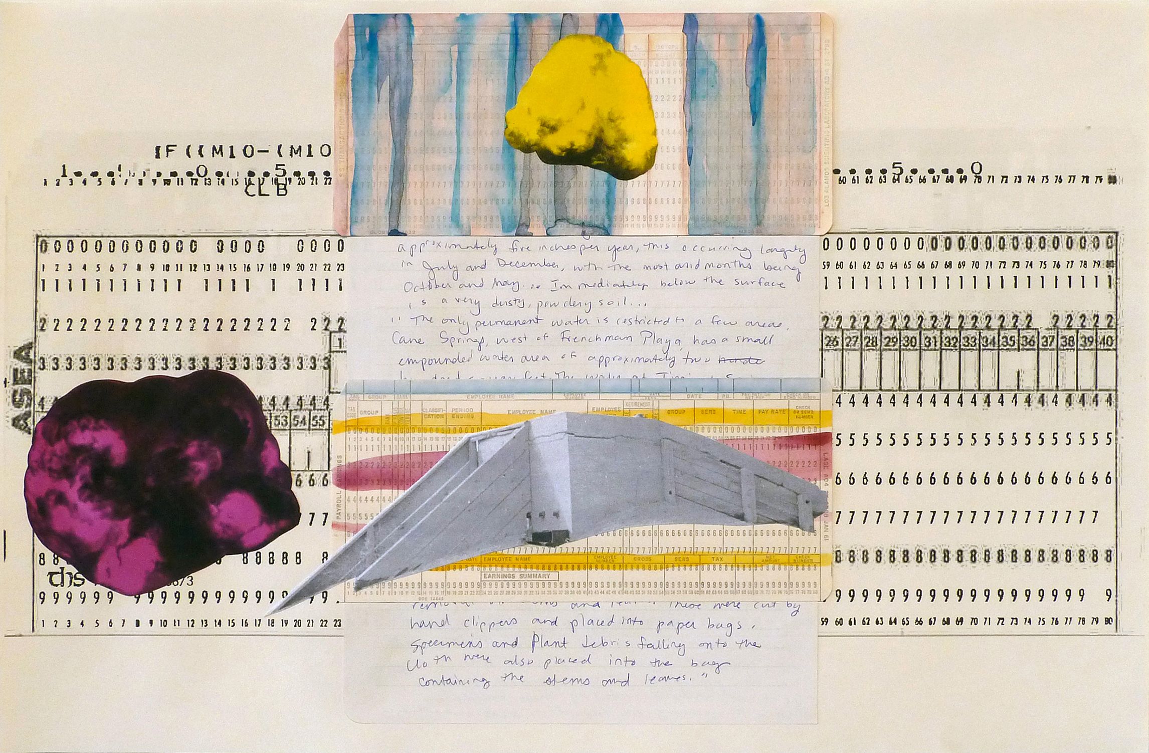 Atomic clouds and a white structure pasted on top of handwritten blue text and a punch card.