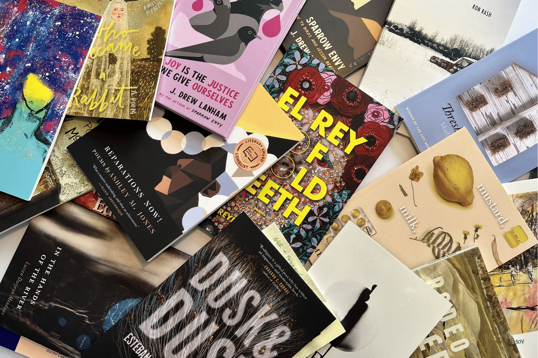 Table full of books with colorful covers
