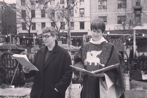 Stacy Szymaszek with Rev. Allison Moore at the tree planting ceremony, a gift from St. Mark's to The Poetry Project in honor of its 50th Anniversary last year.