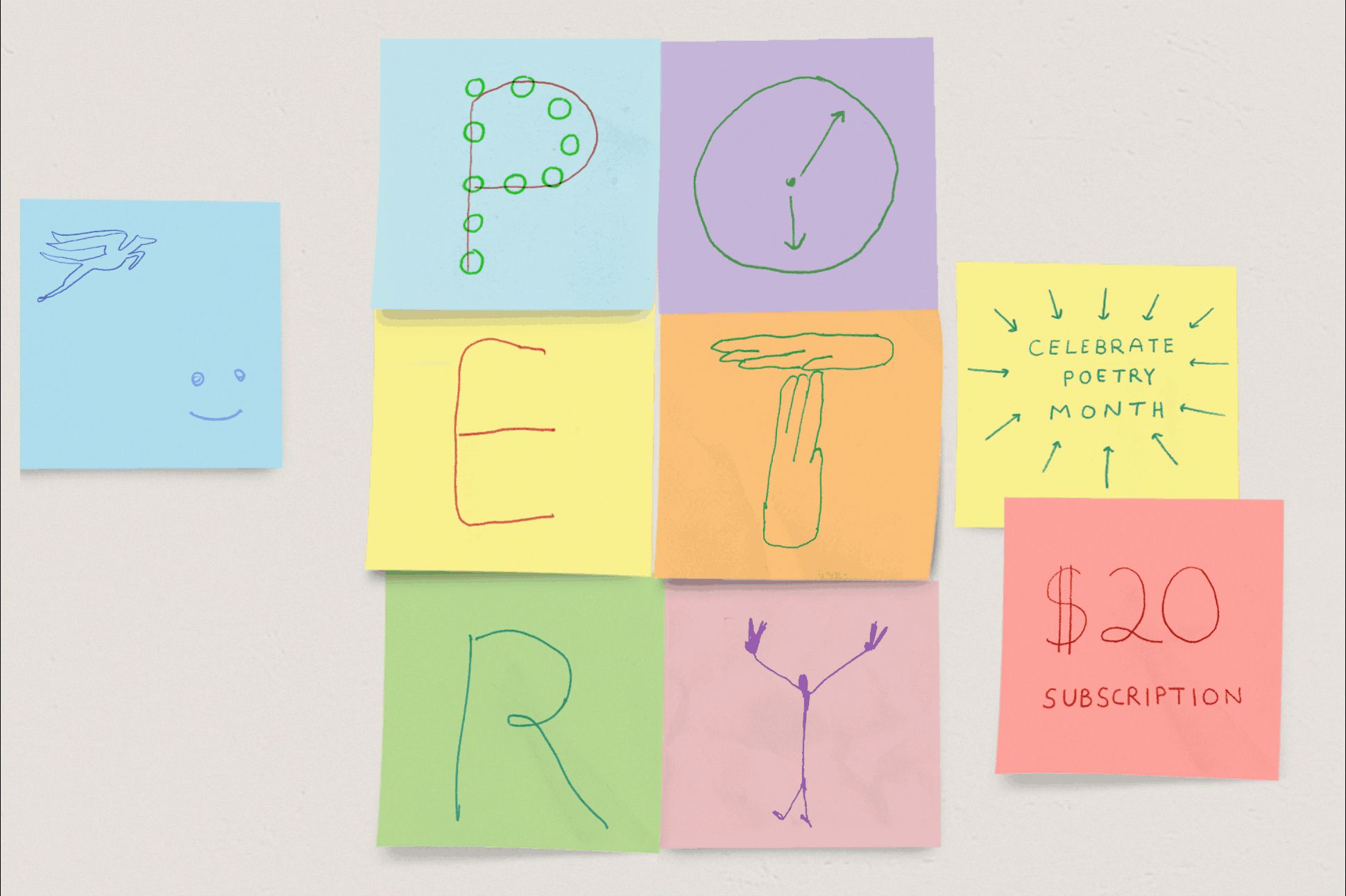 Colorful, handwritten post-it notes spell “POETRY,” “Celebrate Poetry Month,” and “$20 subscription.”