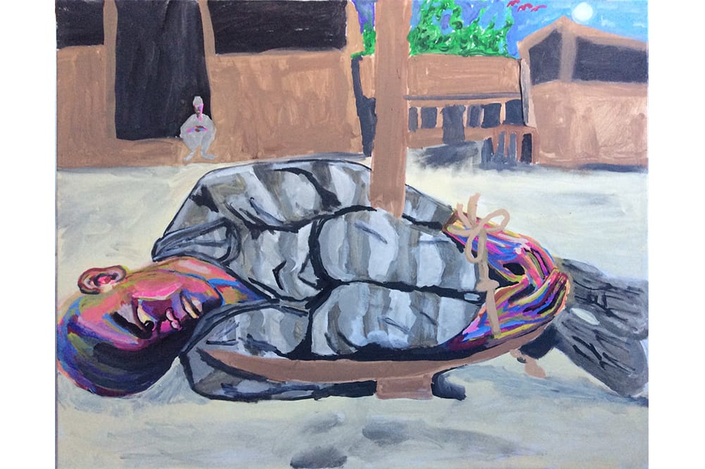 Painting by Biko Eisen-Martin. Young black boy shackled to a pick, figure in background looking on from a porch.