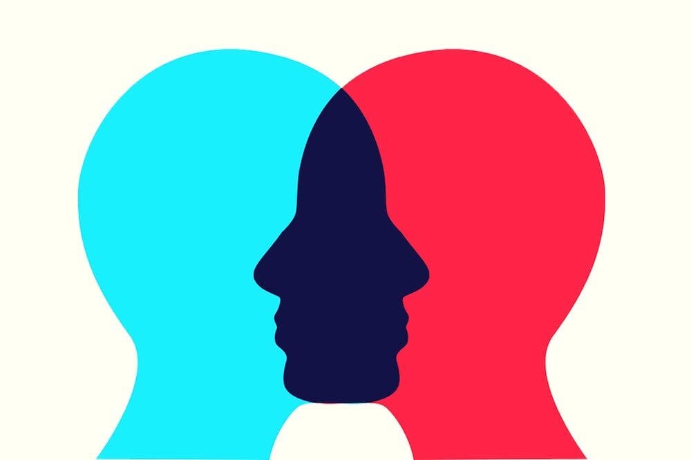 Silhouette of two faces together, forming a third face in the middle.