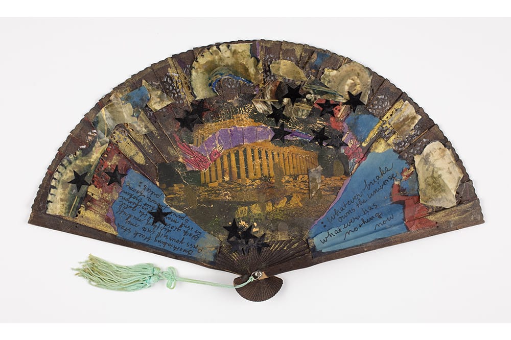 Alice Notley, fan collage artwork: Parthenon flanked by blue paper scraps, teal tassel.