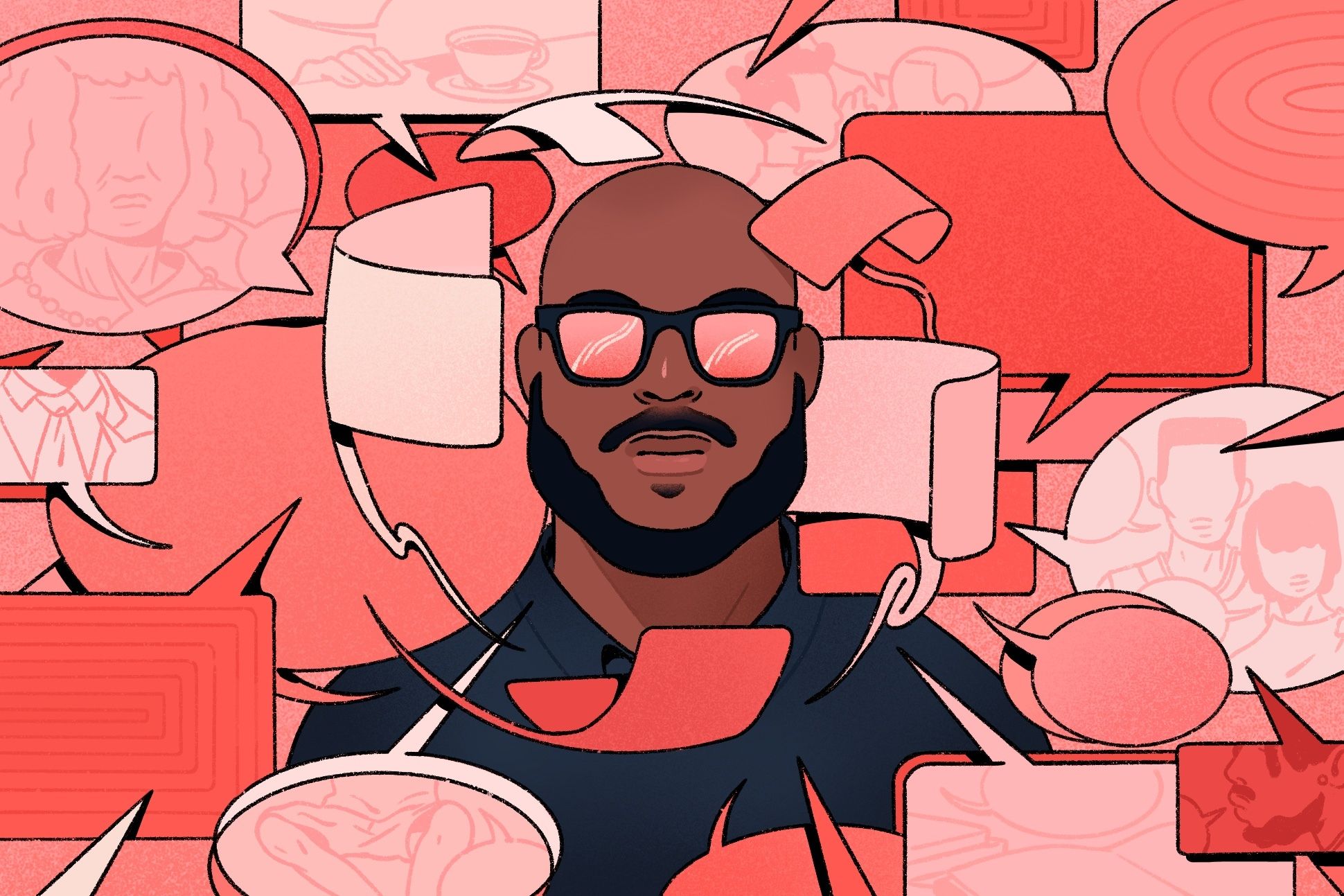 Illustration of a Black man surrounded by speech bubbles.