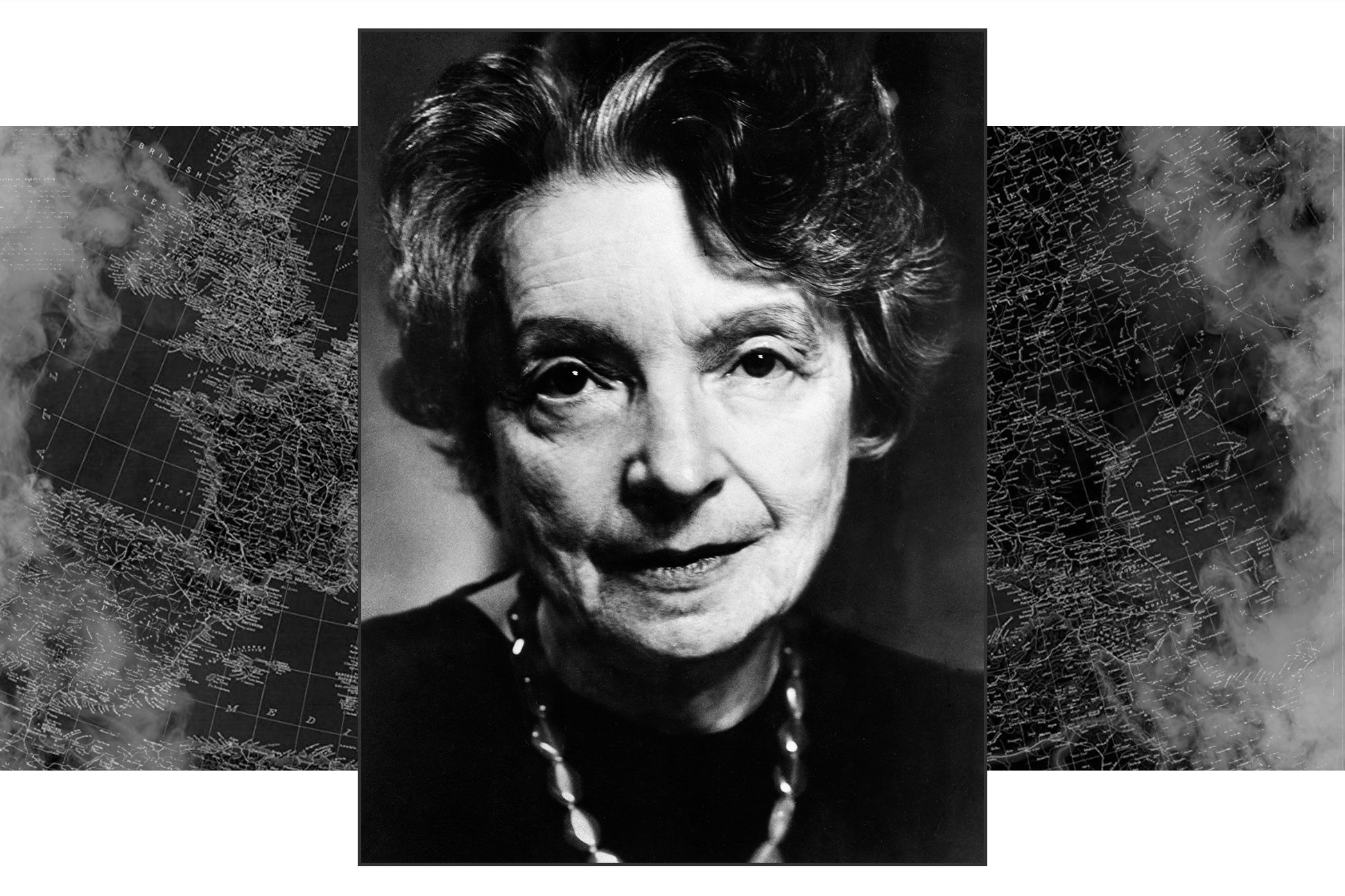 A black-and-white portrait of Nelly Sachs flanked by a desaturated map with wisps of smoke visible on the edges.