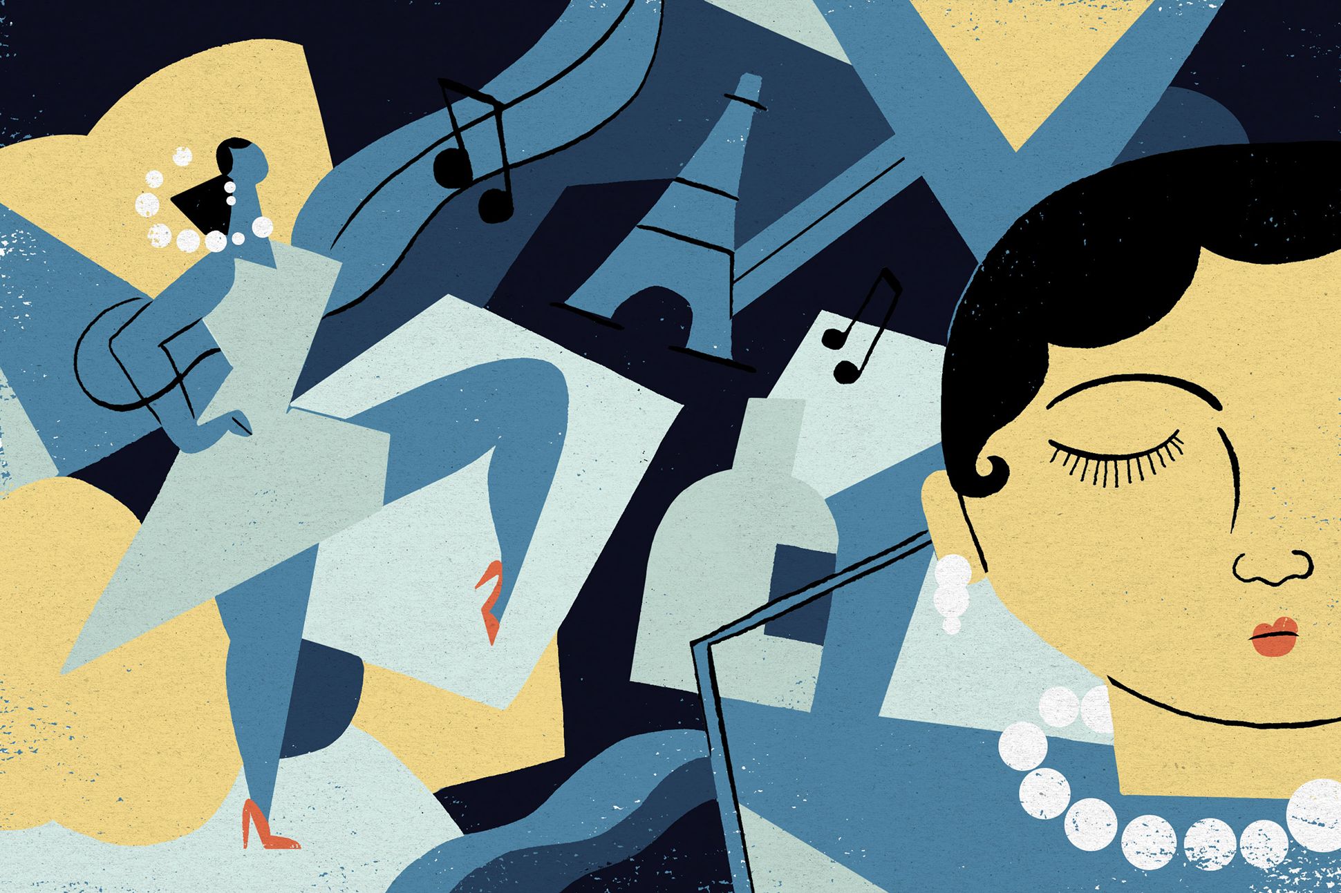 Illustration of Jazz Age Paris with a dancing woman, the Eiffel Tower, and a woman in a necklace.