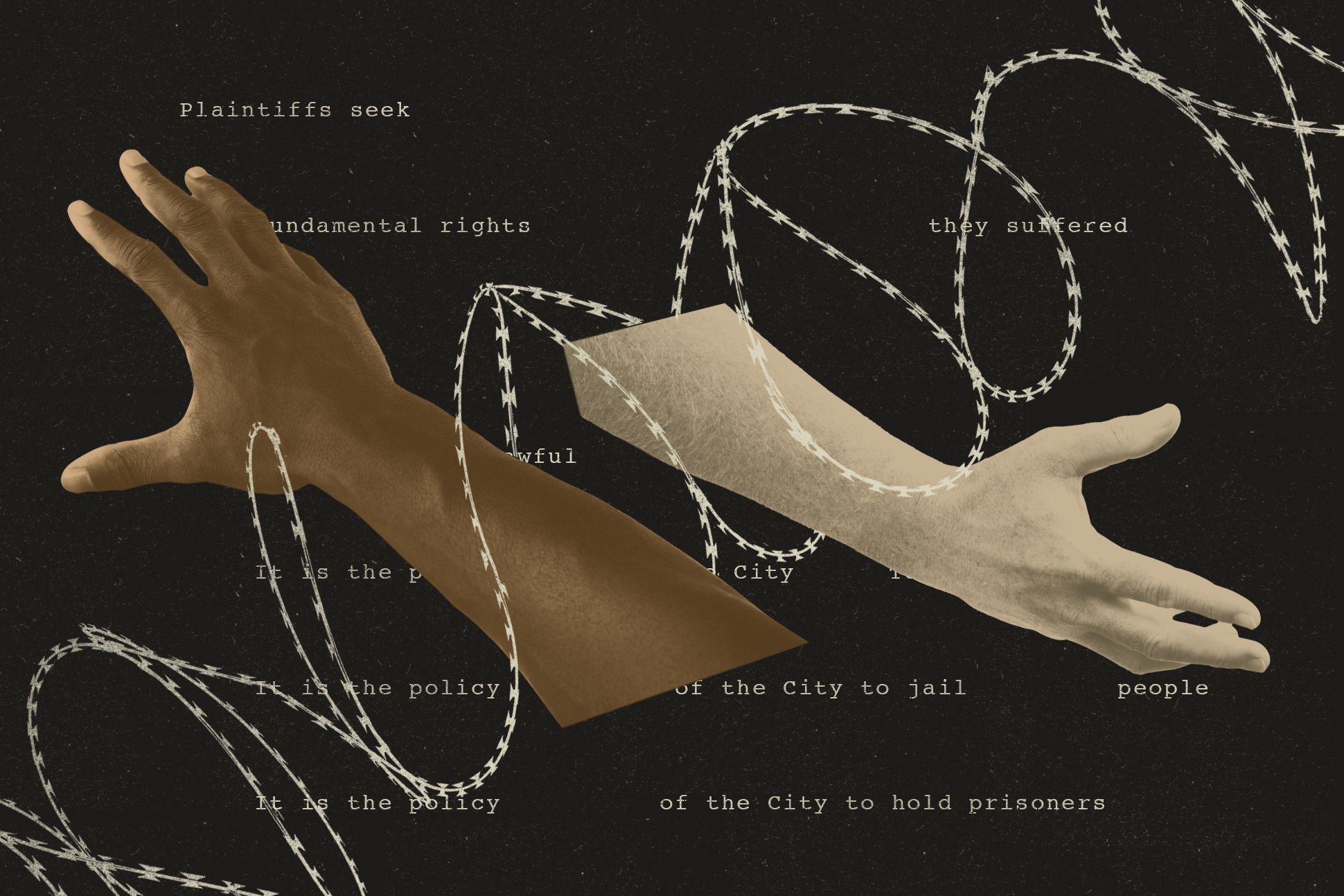 Collage of a barbed wire, a black arm, a white arm, and lines from Reginald Dwayne Betts's poetry.
