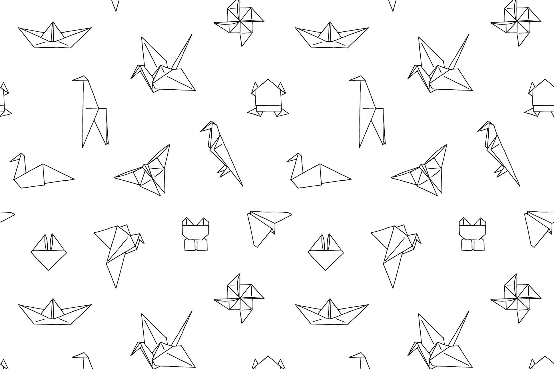 Illustration of a pattern of origami folded animals.