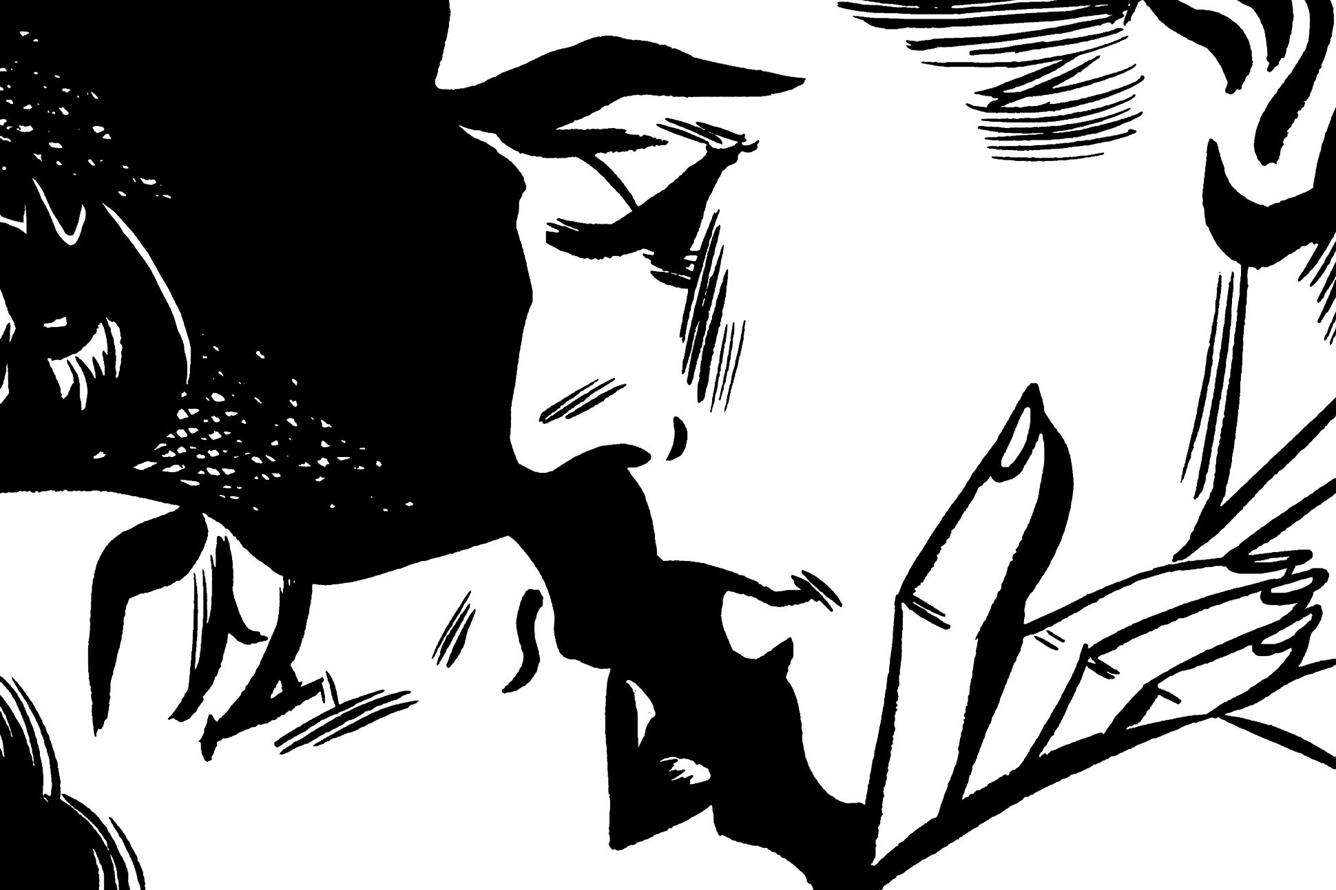 Stylized black-and-white illustration of a couple about to kiss.
