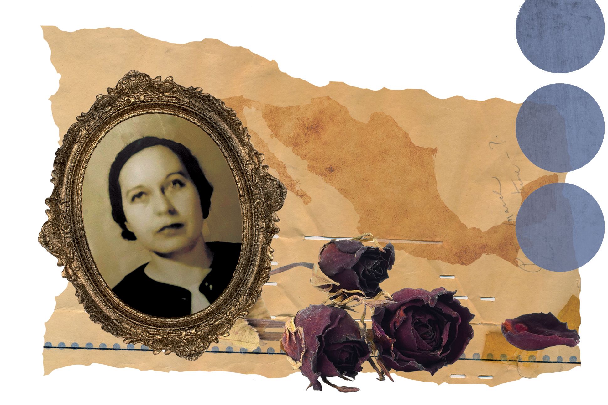 Collage featuring a framed oval portrait of Kathleen Tankersley Young, a bunch of dried flowers, a watermark in the shape of Mexico, and three blue circles.