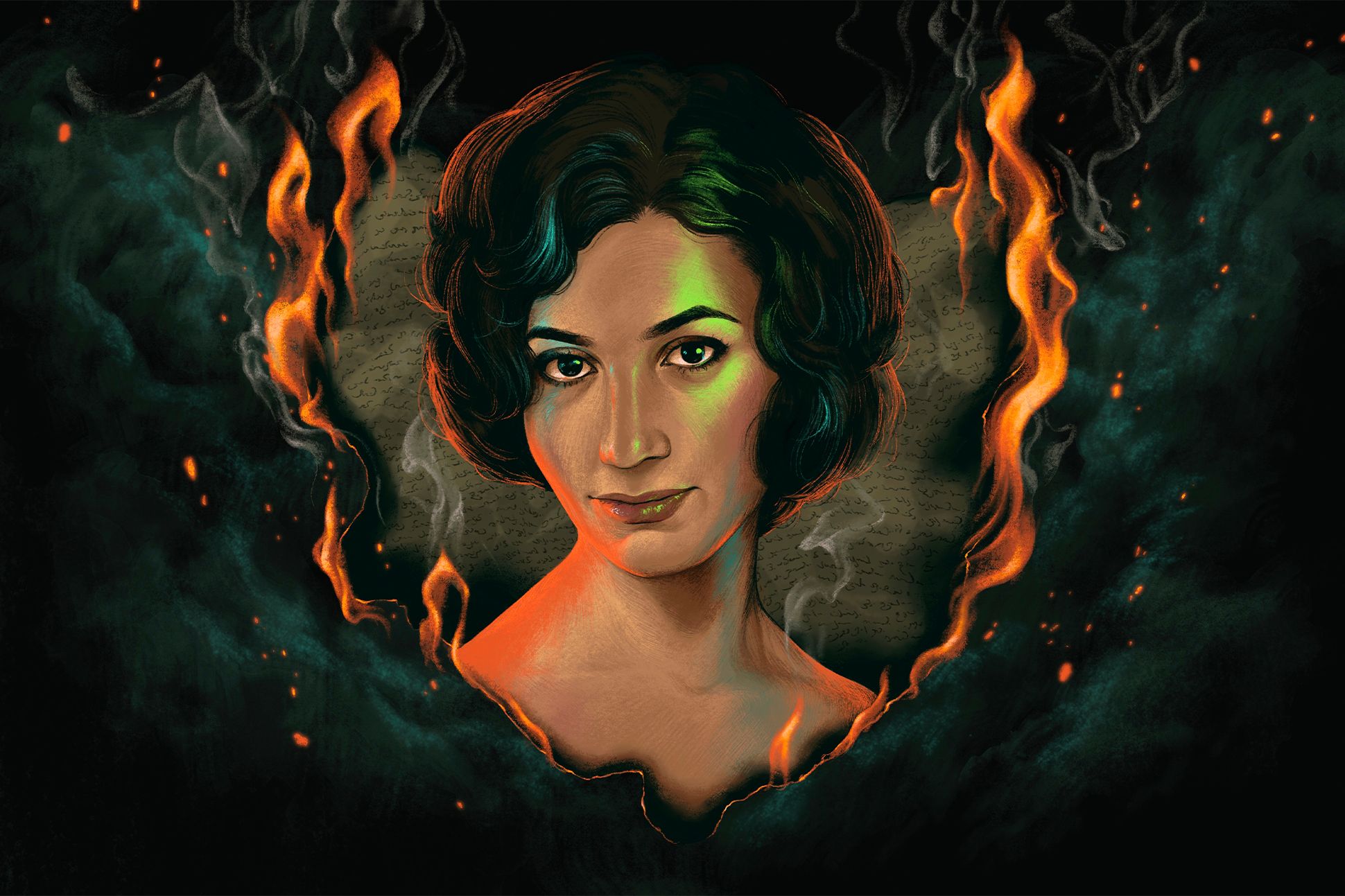 Illustration of the poet Forough Farrokhzad's face surrounded by fire and dark cloud of smoke.