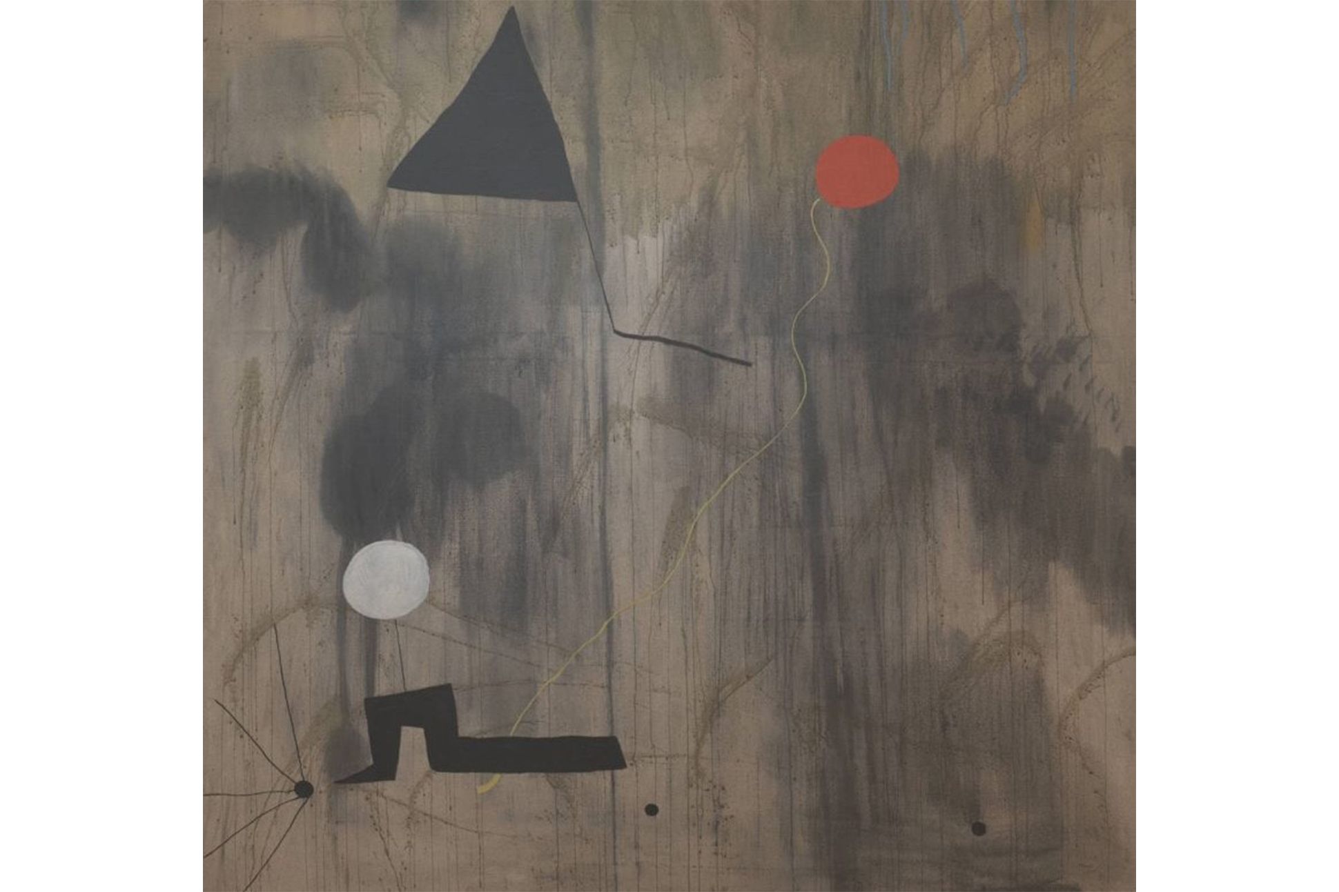 Geometric painting of white, black, and red shapes on a drip and wash style canvas background.