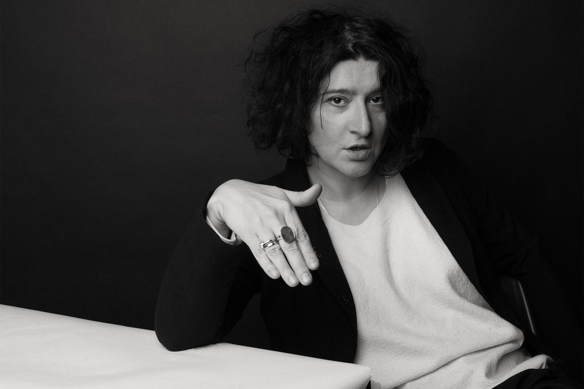 Black-and-white portrait of Maria Stepanova.