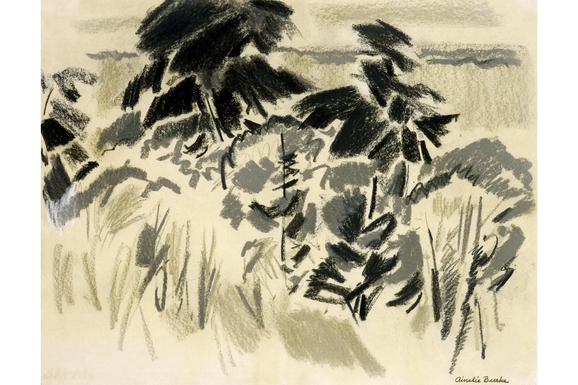 Abstract drawing of meadow, crayon on paper in shades of grey and black.