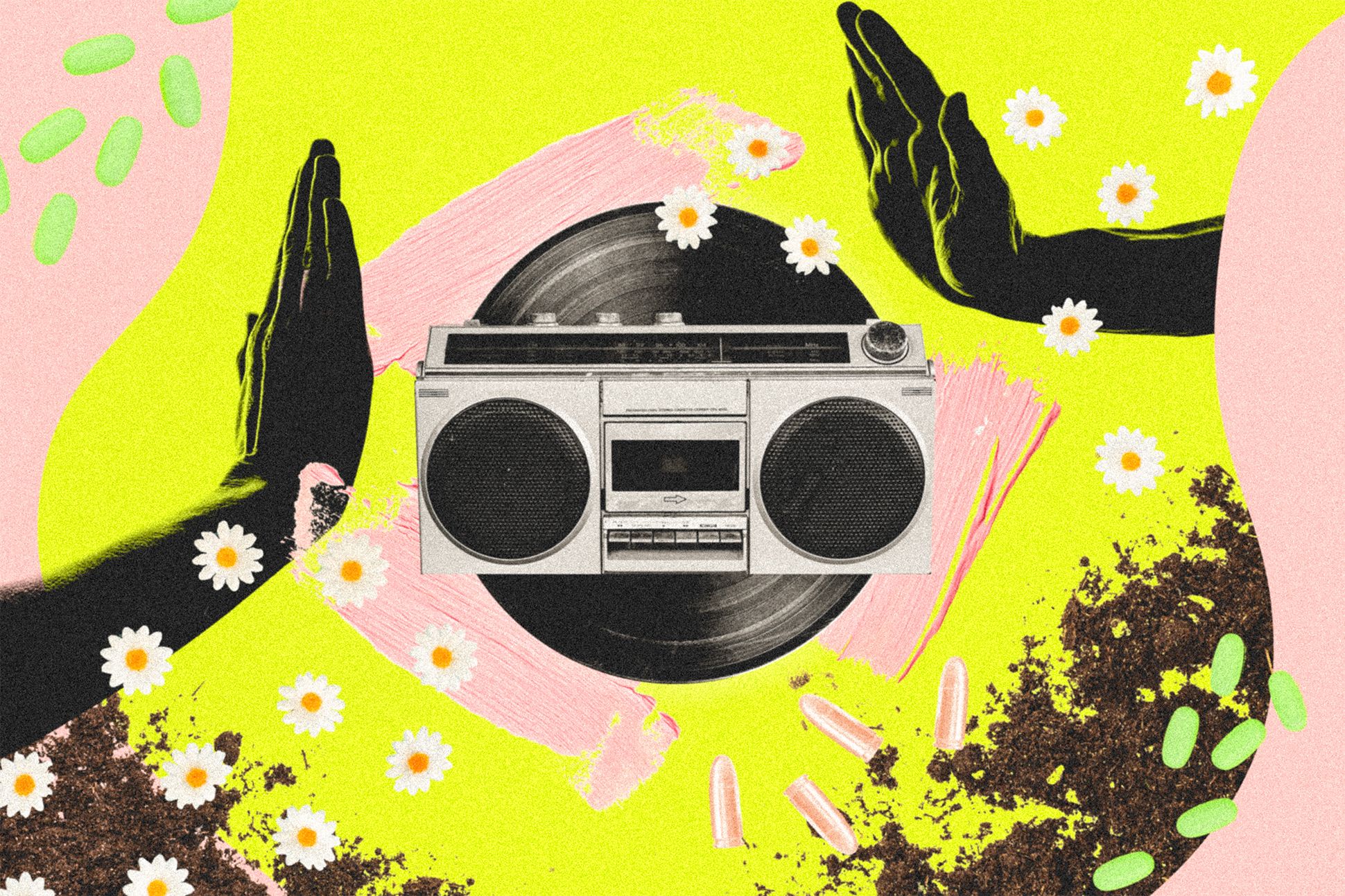 Collage of a vinyl record, a boombox, two hands, bullets, flowers, dirt, and pills.