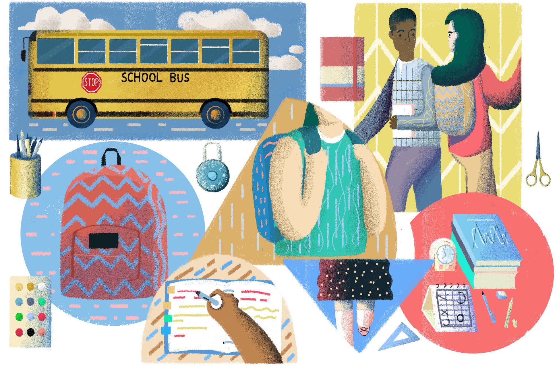 Illustration of a school bus, students, and school supplies for back to school.