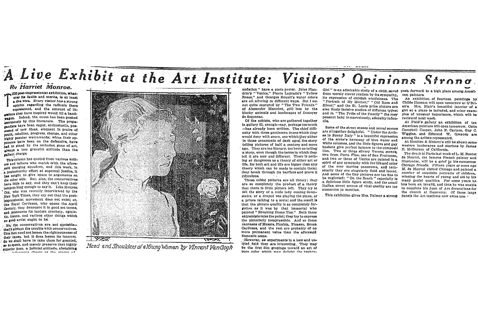 Scanned black and white text of a 1913 newspaper column with a black and white photograph of a painting of a young woman.