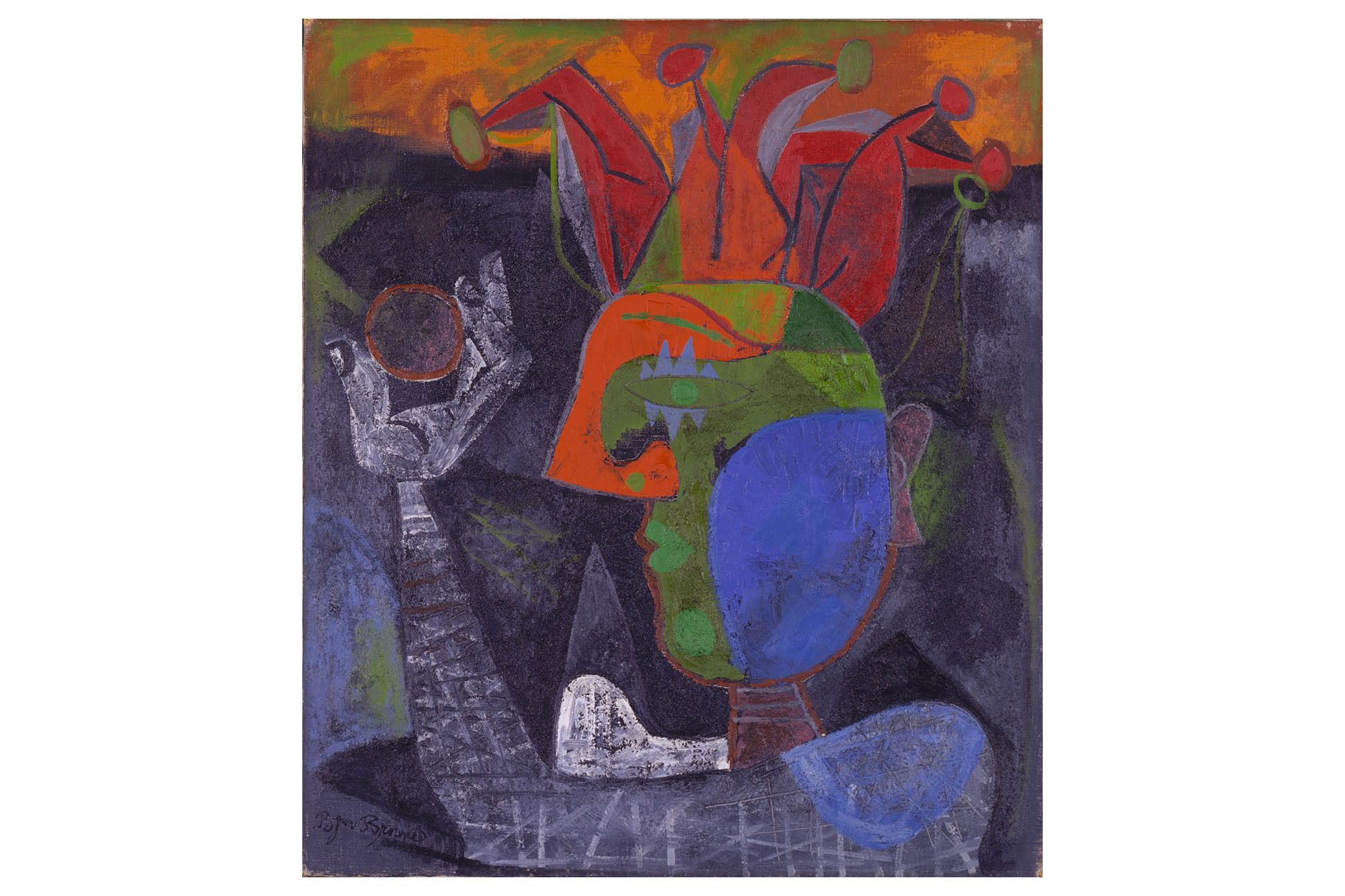 Multi-colored cubist-inspired oil on canvas painting of a clown, blues, greens, reds, oranges.