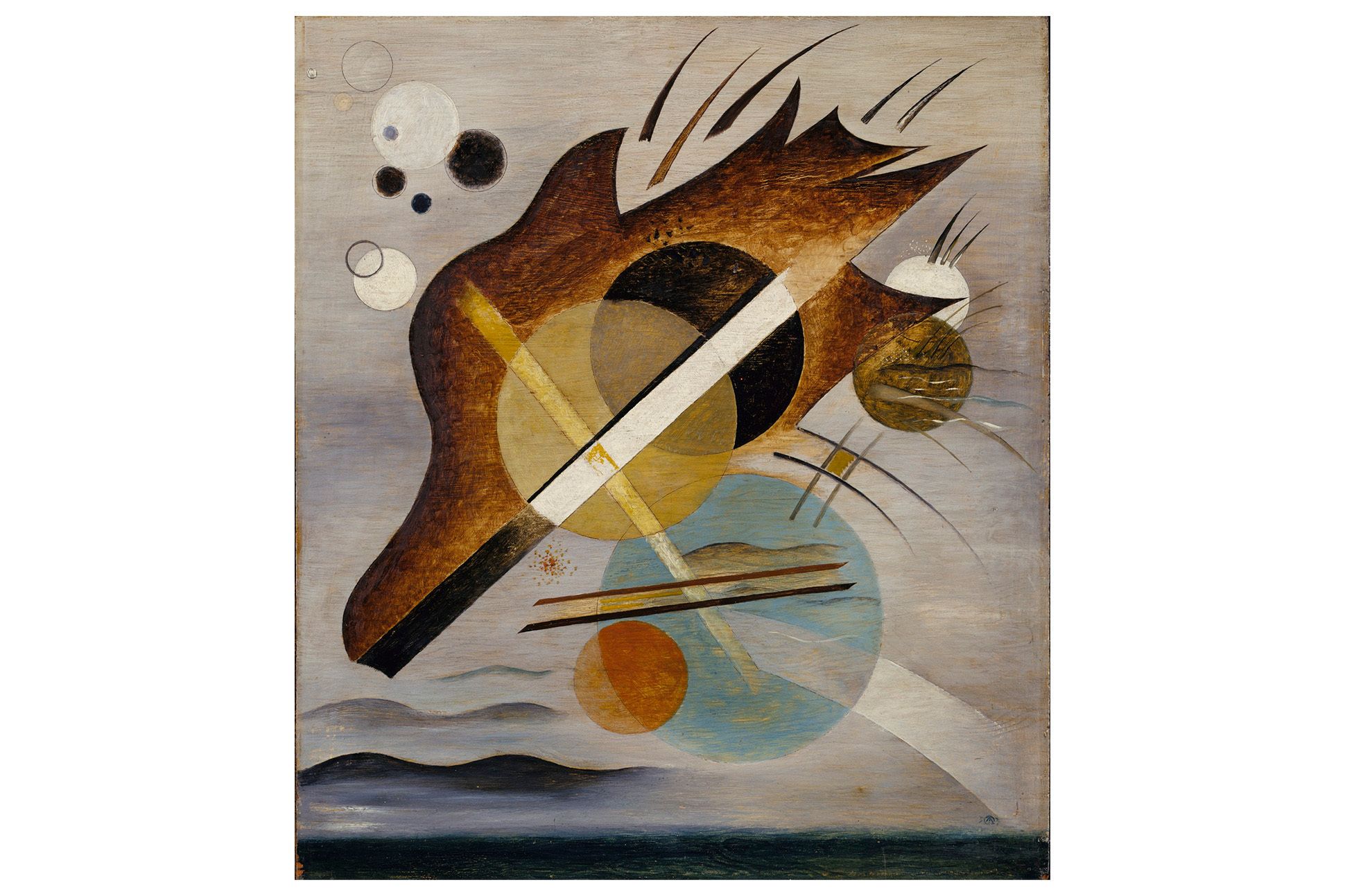Blue, brown, white and orange circles of various sizes. as well as lines and stripes of different widths, surrounding and overlaying a large irregular brown shape, against an impressionistic background of cloudy skies above a sea.